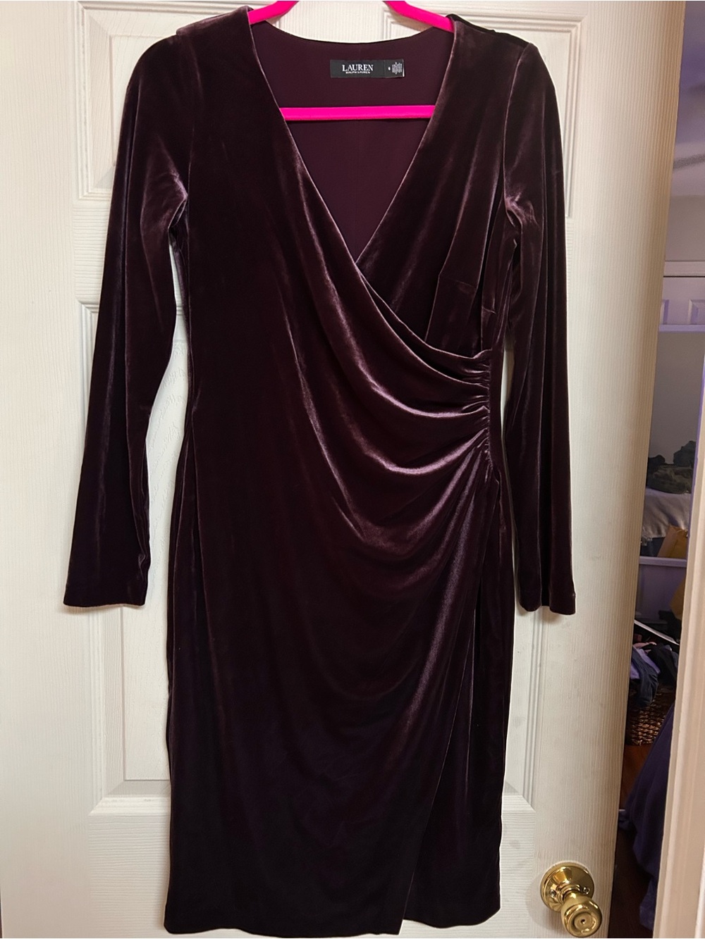 Ralph Lauren Velvet Long-Sleeve Wrap Dress in Burgundy